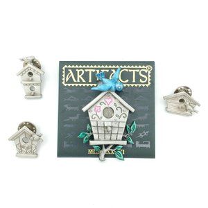 JONETTE Artifacts vintage birdhouse brooch lot - JJ pewter-tone enamel lapel pin